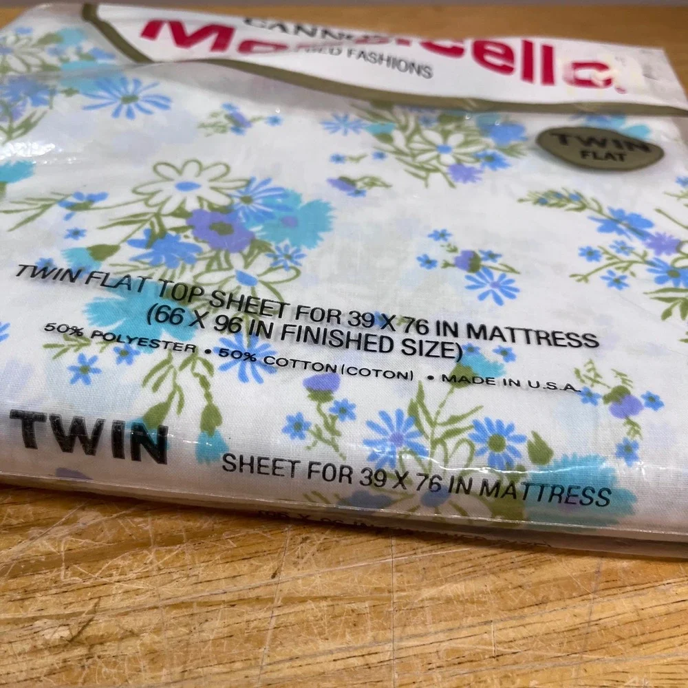 Vtg Cannon Monticello Twin Flat Sheet Blue Floral Field Flowers Made USA NEW